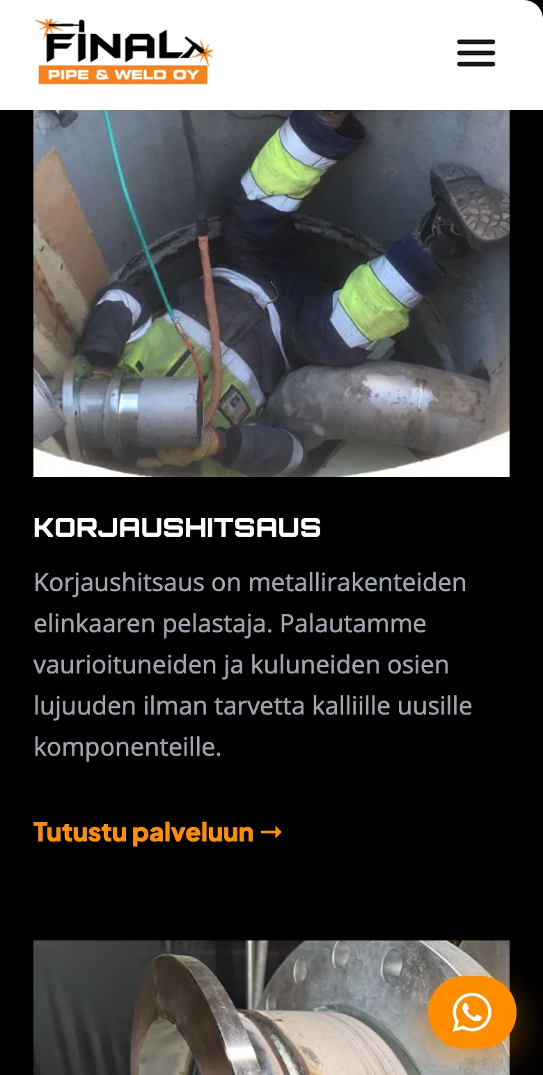 Final Pipe & Weld Oy website on mobile