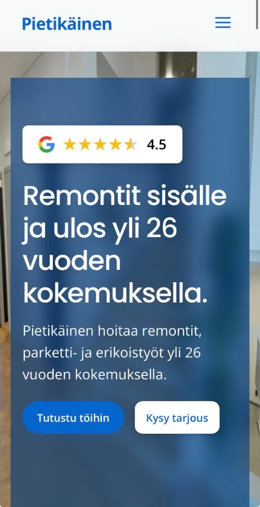 Nettisivut remonttipalvelulle - Mobile view
