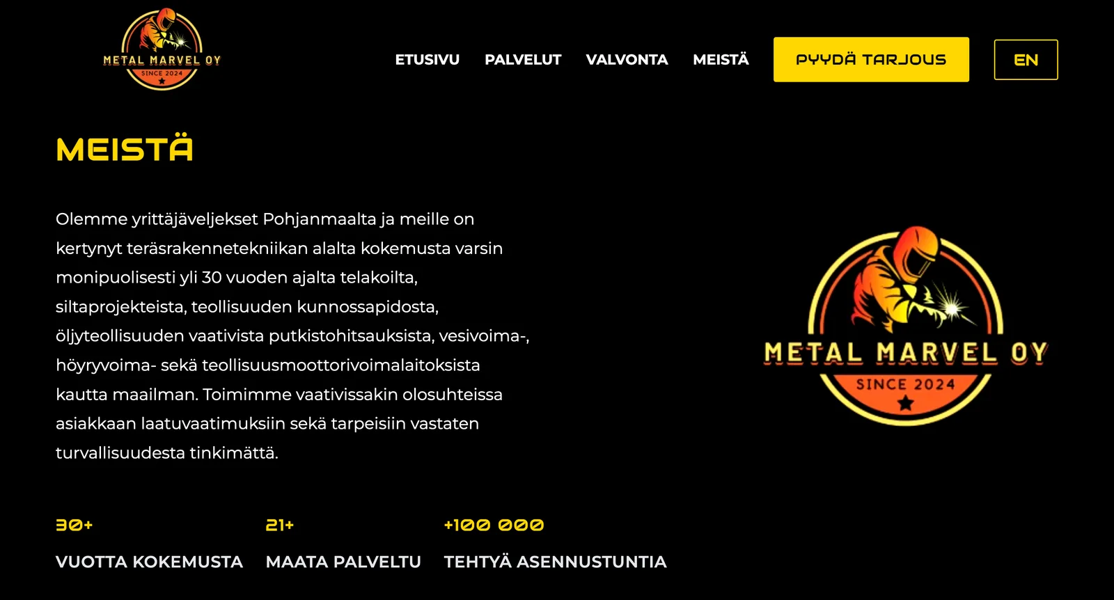 Metal Marvel Oy website on tablet